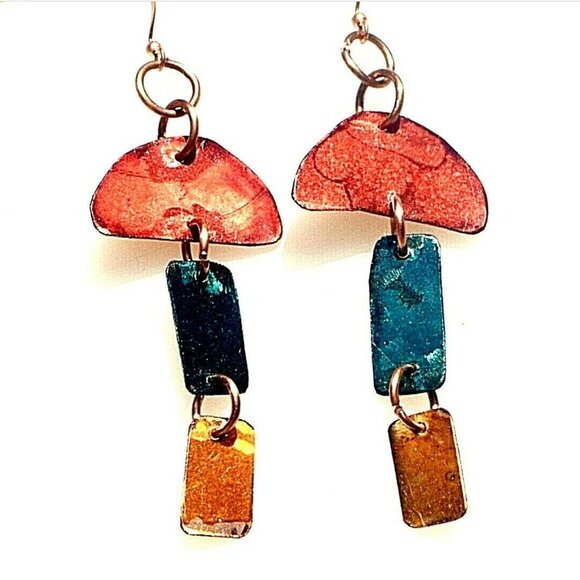 Modernist Geometric Blue Yellow Red Pure Copper Dangle Earrings Solid Handmade - Picture 7 of 8